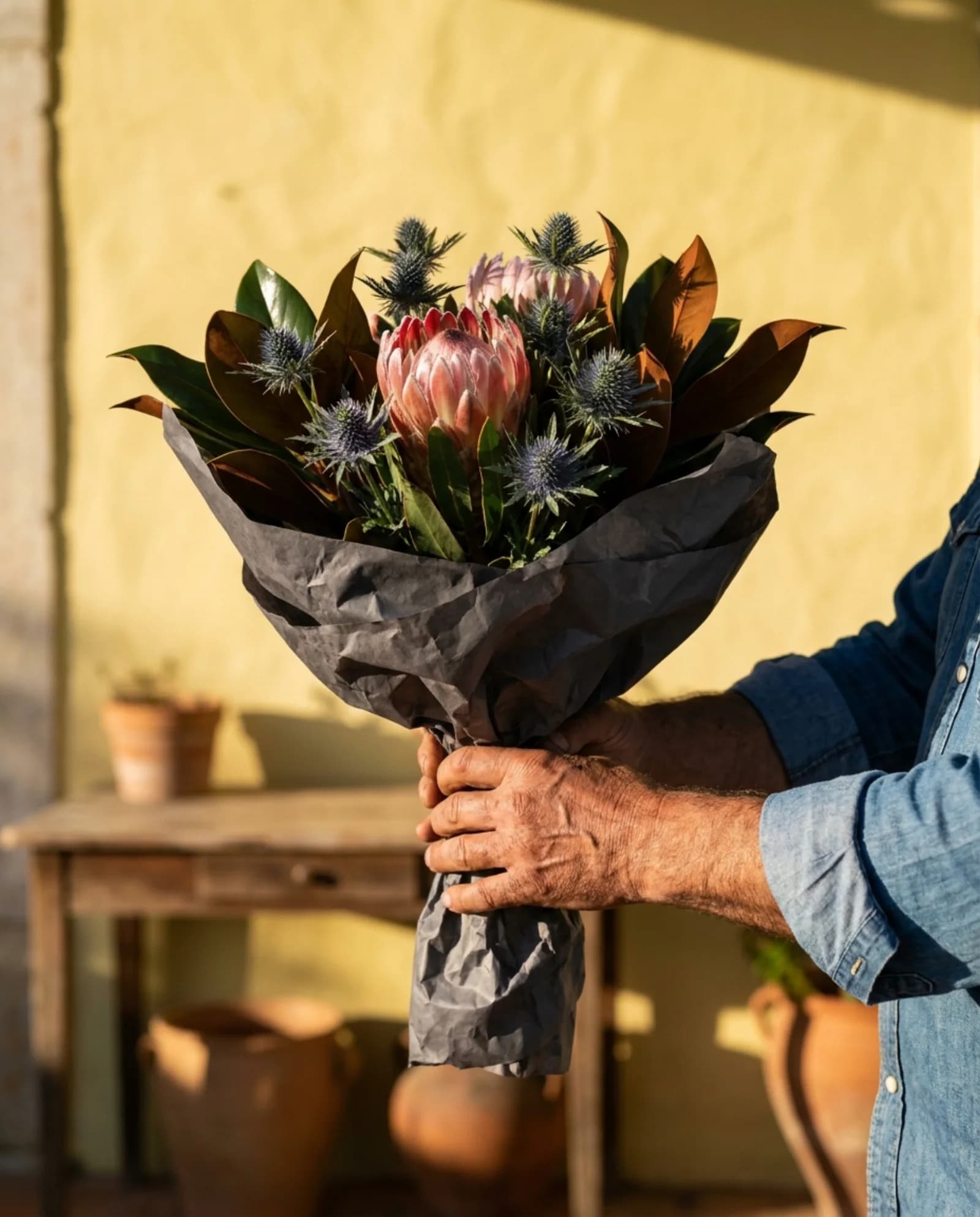 Mãos de um homem a segurar um ramo de protea e cardos azuis